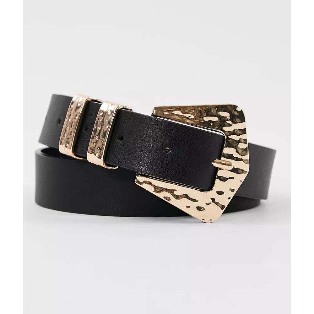 NWOT Petit Moments Hammered Gold Hardware Black Leather Belt XS/S